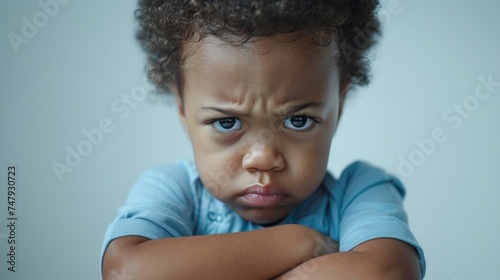 A young child with a frowning expression crossed arms and curly hair wearing a blue shirt.
