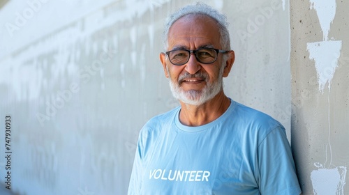 A bearded man with glasses wearing a blue t-shirt with the word 'VOLUNTEER" on it standing against a concrete wall with peeling paint. © iuricazac