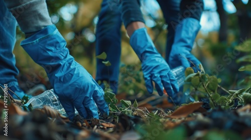Three gloved hands reaching into a leaf-covered ground possibly for a plastic bottle suggesting environmental cleanup activity.