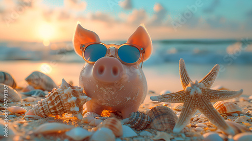 Piggy bank in sunglasses surrounded by starfish and seashell on the beach, save money for vacation concept