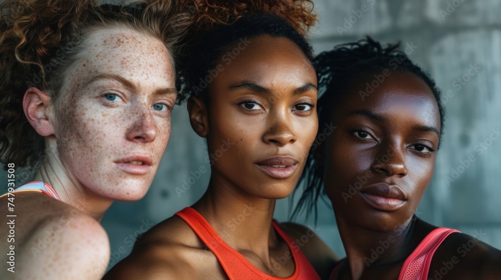 Three women with different skin tones posing together in athletic wear showcasing diversity and unity.