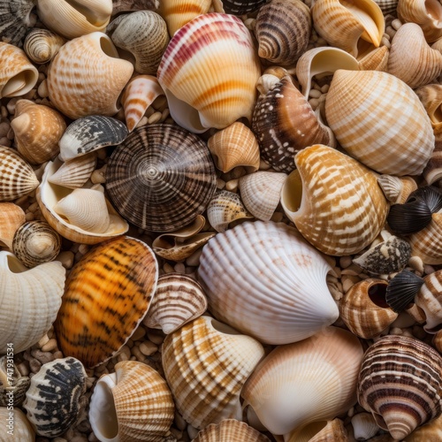 Collection of different Seashells and pebbles  as a background  texture or pattern. Travel and vacation concept with copy space. Spa Concept.