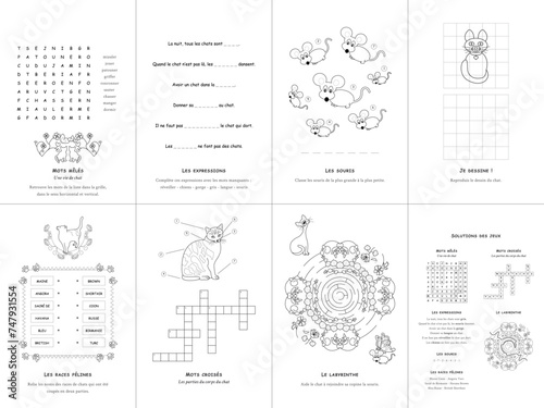 Set of seven games. Cats Theme. French language. Vector illustration. Set No. 1.