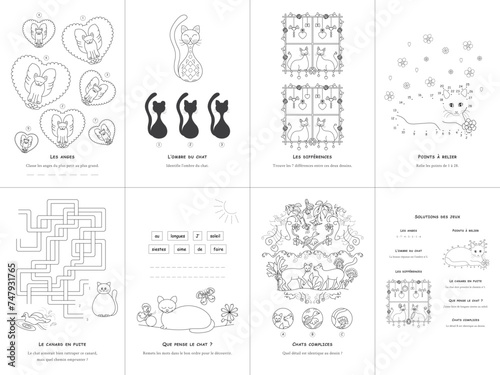 Set of seven games. Cats Theme. French language. Vector illustration. Set No. 3.