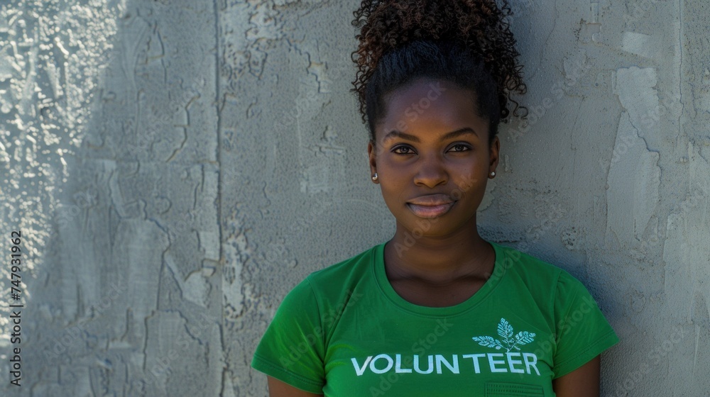 Young woman with curly hair wearing a green t-shirt with the word Young woman with curly hair wearing a green t-shirt with the word