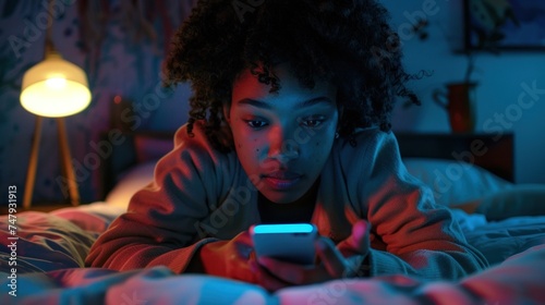 A young girl with curly hair lying in bed at night illuminated by a soft blue light from her phone screen.