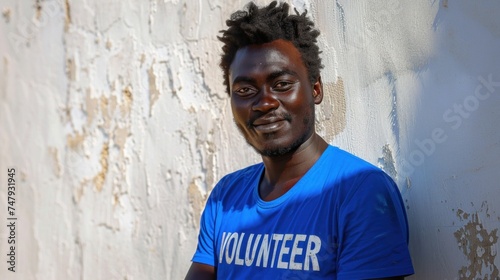 Man with curly hair wearing a blue "Volunteer" t-shirt standing against a peeling white wall.
