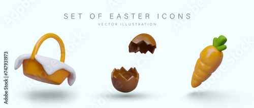 3D Easter basket covered with white napkin, broken chocolate egg, orange carrot