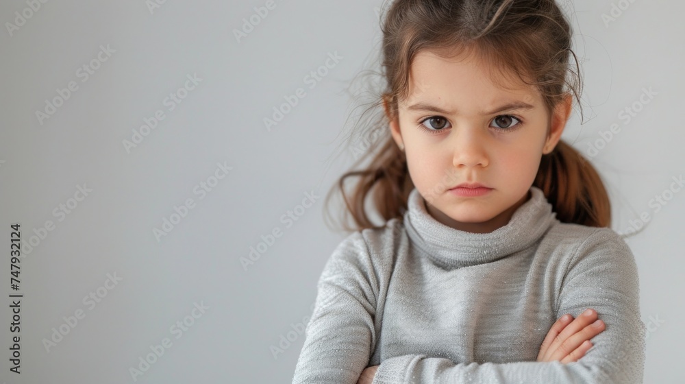 A young girl with a pouty expression crossed arms and messy hair wearing a gray turtleneck. A young girl with a pouty expression crossed arms and messy hair wearing a gray turtleneck.