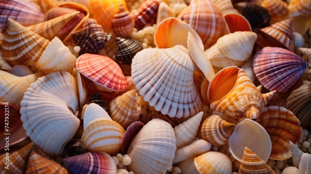 Collection of different Seashells and pebbles  as a background, texture or pattern. Travel and vacation concept with copy space. Spa Concept.