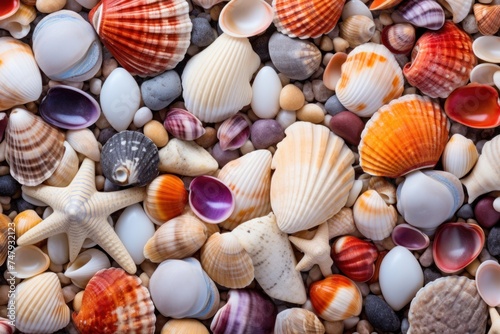 Collection of different Seashells and pebbles as a background, texture or pattern. Travel and vacation concept with copy space. Spa Concept.