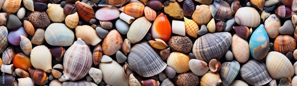 Colorful seashells background. Top view with copy space.. Travel and vacation concept with copy space. Spa Concept.
