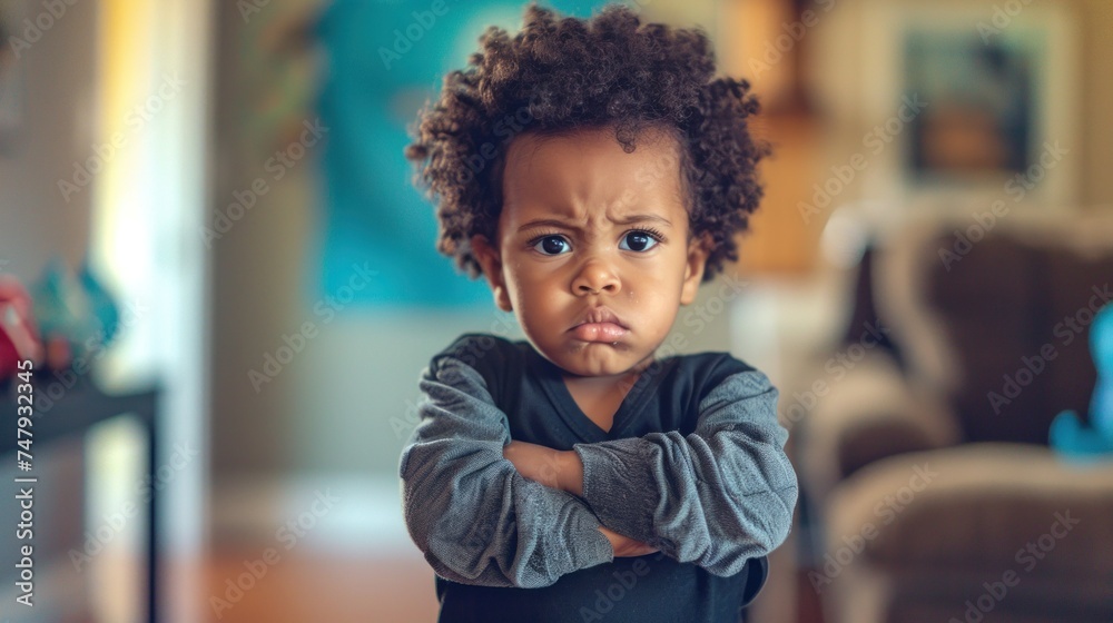 A young child with curly hair wearing a gray shirt standing with arms crossed displaying a stern expression. A young child with curly hair wearing a gray shirt standing with arms crossed displaying a stern expression.