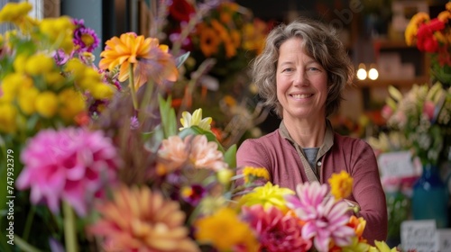 A smiling woman in a floral shop surrounded by a vibrant array of colorful flowers. © iuricazac