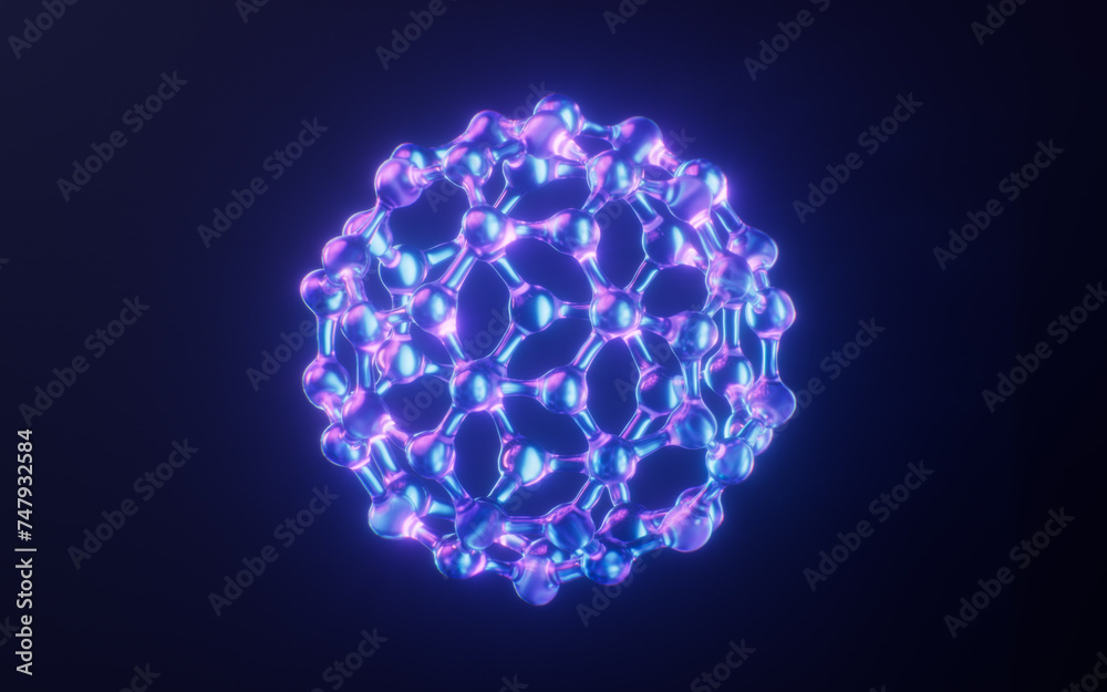 Molecule with dark neon light effect, 3d rendering. Molecule with dark neon light effect, 3d rendering.