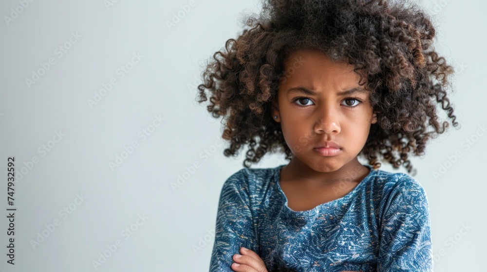 Young girl with curly hair wearing a blue patterned top standing with arms crossed looking directly at the camera with a serious expression. Young girl with curly hair wearing a blue patterned top standing with arms crossed looking directly at the camera with a serious expression.