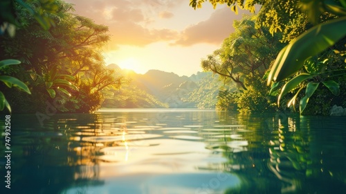 Serene Lake at Sunset with Lush Foliage. A serene lake reflecting the warm light of the setting sun, flanked by lush tropical foliage and a mountainous backdrop.