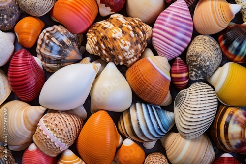 Collection of different colorful Seashells and pebbles  as a background  texture or pattern. Travel and vacation concept with copy space. Spa Concept.