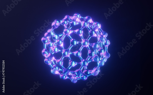 Molecule with dark neon light effect, 3d rendering.