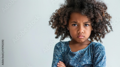 Young girl with curly hair wearing a blue patterned top standing with arms crossed looking directly at the camera with a serious expression.