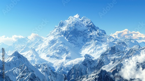 Majestic Snow-Capped Mountain Peaks Under Blue Sky. A breathtaking view of majestic mountains with snow-covered peaks reaching into a clear blue sky, with fluffy clouds below.