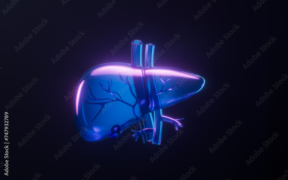 Liver with dark neon light effect, 3d rendering.