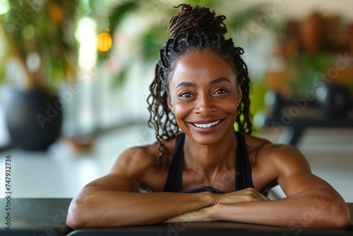 Professional Portrait of an active black African American mature woman smiling and doing fitness pilates at her home gym © Sophie 
