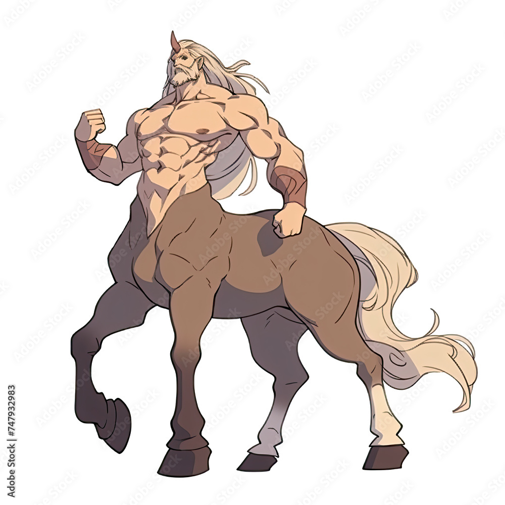 An illustration of a centaur with white hair and a single horn