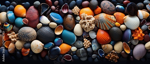 Seashells background. Close-up image of sea shells. Travel and vacation concept with copy space. Spa Concept.