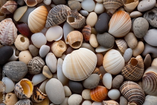 Colorful seashells background. Top view with copy space.. Travel and vacation concept with copy space. Spa Concept.