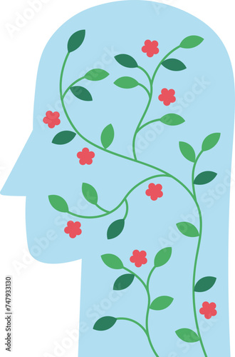Human head design with character profile silhouette with plant branches with flowers hand drawn flat vector illustration isolated background. Medical concept vagus nerve, mental health, psychological  photo