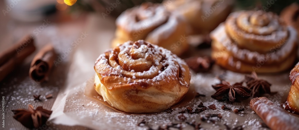 Close-up view of homemade Swedish dessert, cinnamon rolls, with spices and cocoa filling placed on a table with parchment paper. Perfect for Christmas baking.