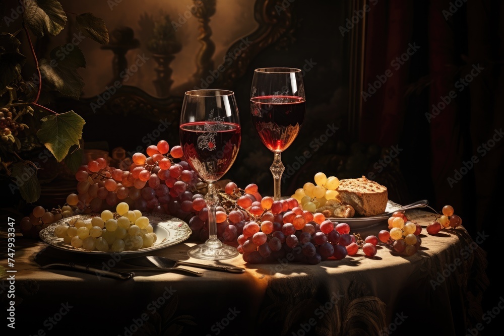 scene with wine glasses, grapes, and a dinner setting