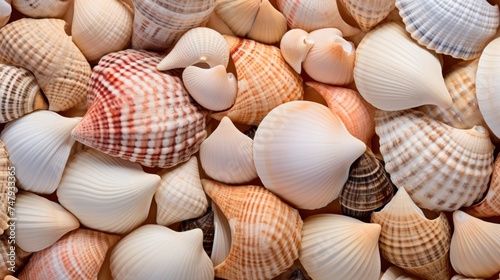 Seashells background. Sea shells texture. Sea shells background. Travel and vacation concept with copy space. Spa Concept.