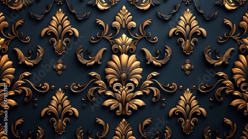 royal floral dark blue gold damask seamless pattern