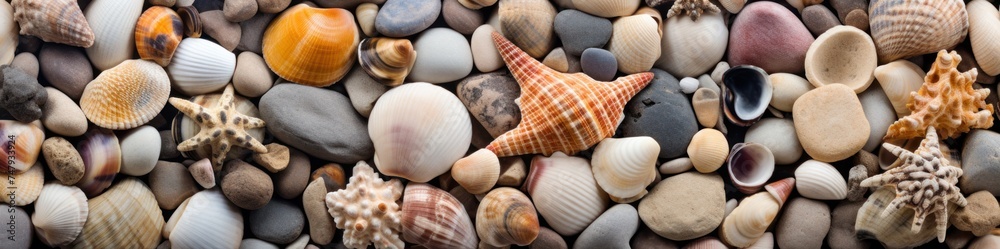 Seashells background. Close up image of sea shells. Travel and vacation concept with copy space. Spa Concept.