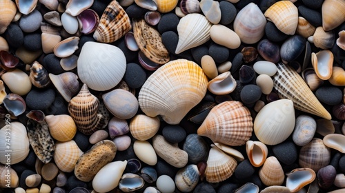 Seashells background. Close up image of sea shells. Travel and vacation concept with copy space. Spa Concept.