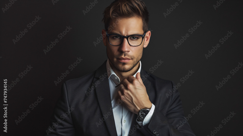 Elegant young handsome man in suit wearing glasses. - obrazy, fototapety, plakaty 