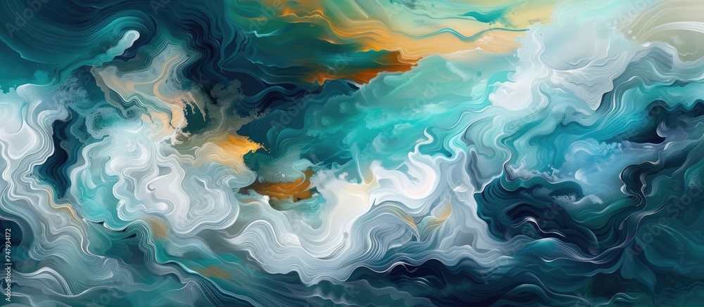 This abstract painting features swirling blue, yellow, and white clouds blending seamlessly across the canvas. The colors create a dynamic contrast, evoking a sense of movement and depth within the