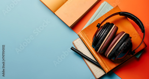 Colorful audio book banner with headphones and notebooks on vibrant colored background. Modern education. Earphones on books, ready for listening an audiobook. Colorful study with audiobook headphones photo