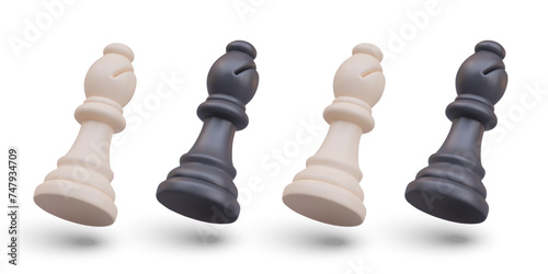 Set of white and black chess bishops in tilted position. Game figure in process of moving