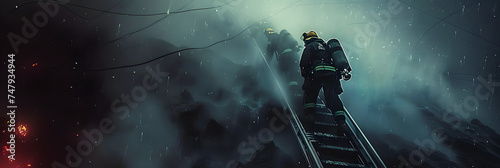 Firefighters on a ladder during a storm Generative AI