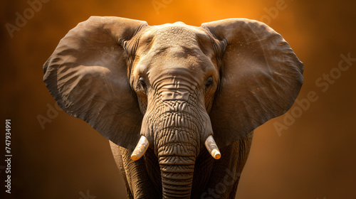 Elephant portrait over a luminous brown background.