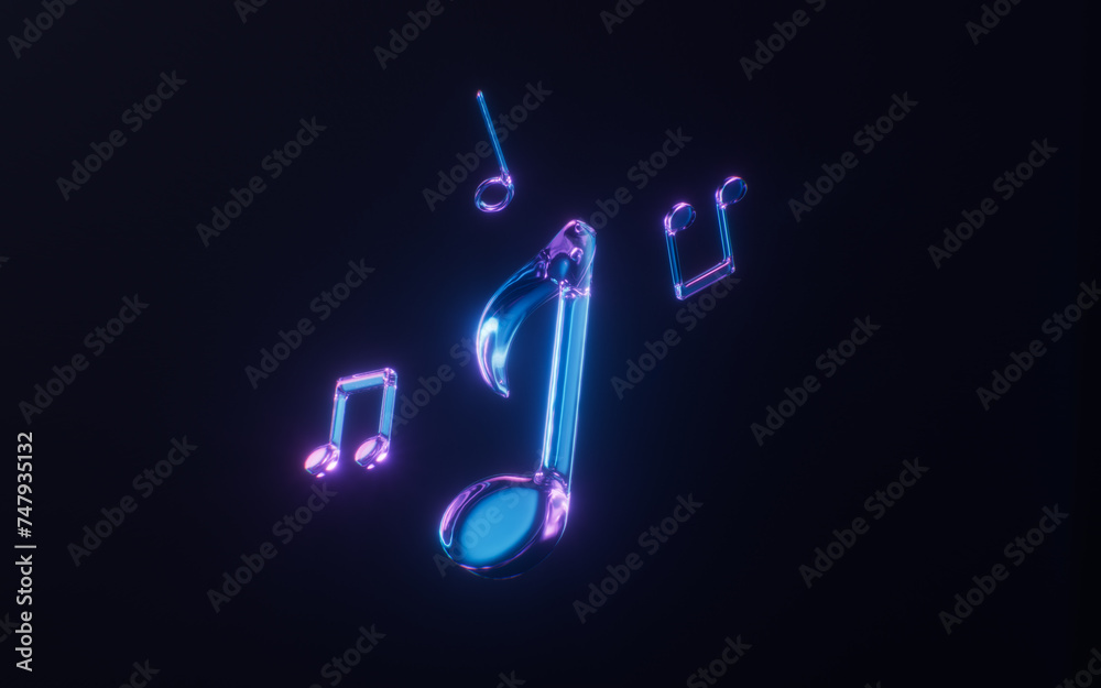 Music notes with dark neon light effect, 3d rendering.