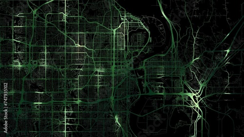 Zoom in road map of Omaha Nebraska with green glowing roads on a black background.