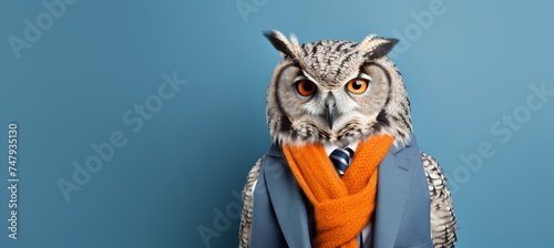 Anthropomorphic owl in business attire  pretending to work in office  studio shot with copy space.