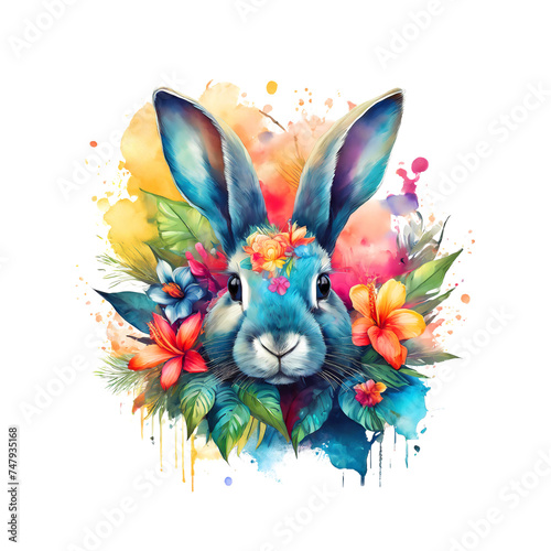 Painting of colorful rabbits and flowers. Wild Animals. Clipart for Sublimation Printing. Illustration  Generative AI.