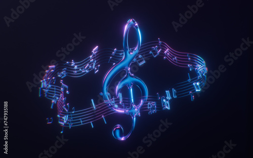 Music notes with dark neon light effect, 3d rendering.