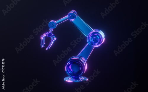 Mechanical arm with dark neon light effect, 3d rendering.