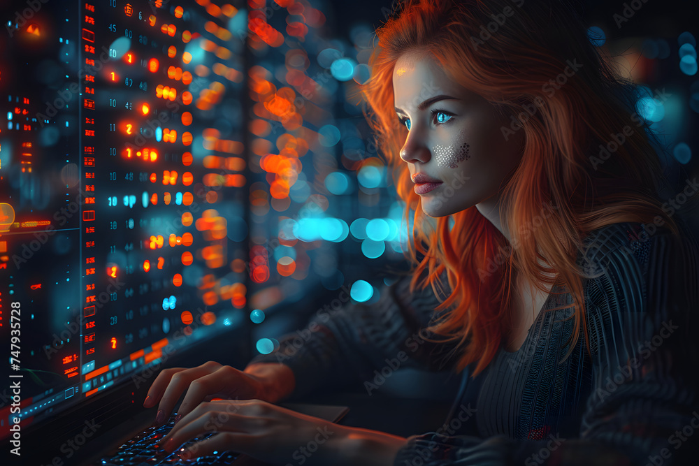 Portrait of a red-haired girl working on the computer at night